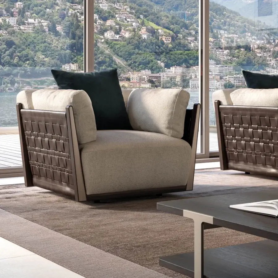 Distinguished Turri Net lounge chair with woven dark brown leather and heathered beige textile upholstery in eucalyptus construction