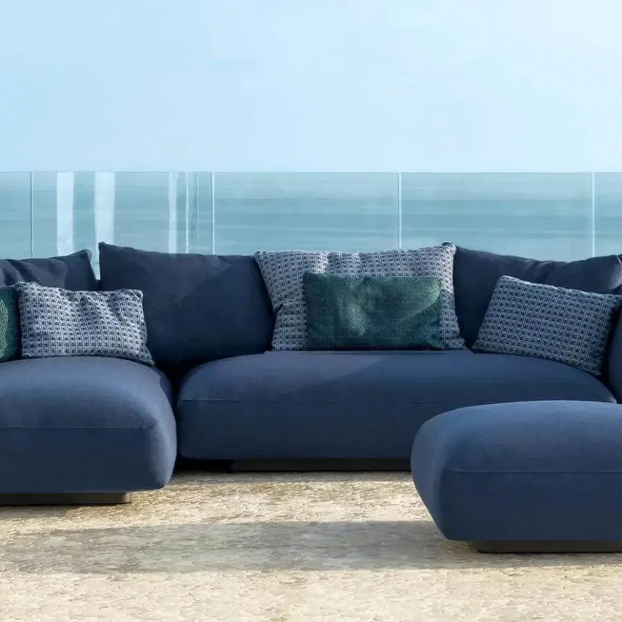 Exceptional Talenti Cliff ottoman with soft curves and a dark blue weather-resistant fabric seat, built with graphite powder coated aluminum structure