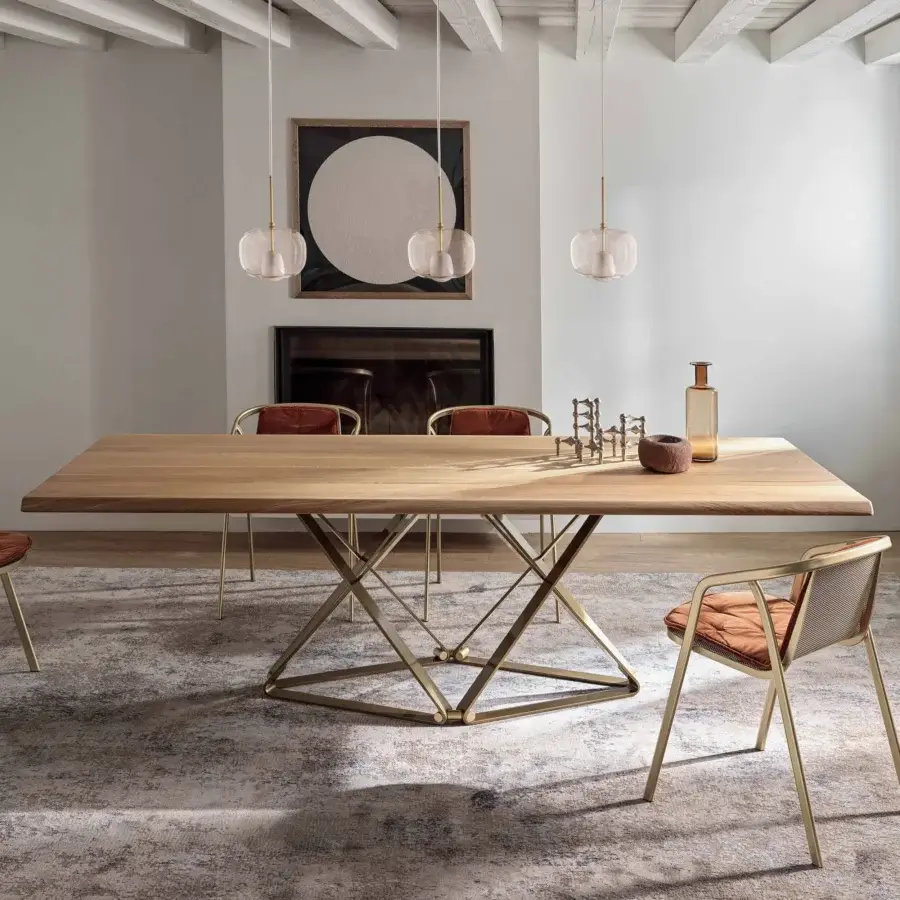 Distinguished Bontempi Delta table with light-toned wood and geometric brass-like metal base crafted in Italy