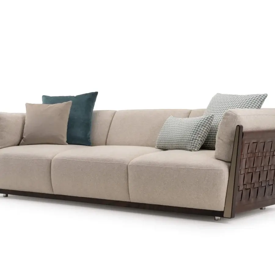 Exceptional Turri Net sofa with light beige woven leather upholstery and geometric dark brown Eucalyptus wood armrests