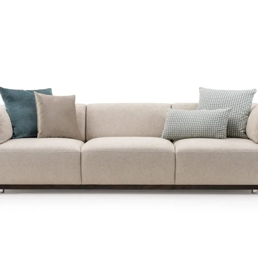Distinguished Turri Net sofa with Eucalyptus wood frame, woven leather detailing and light beige textured textile upholstery