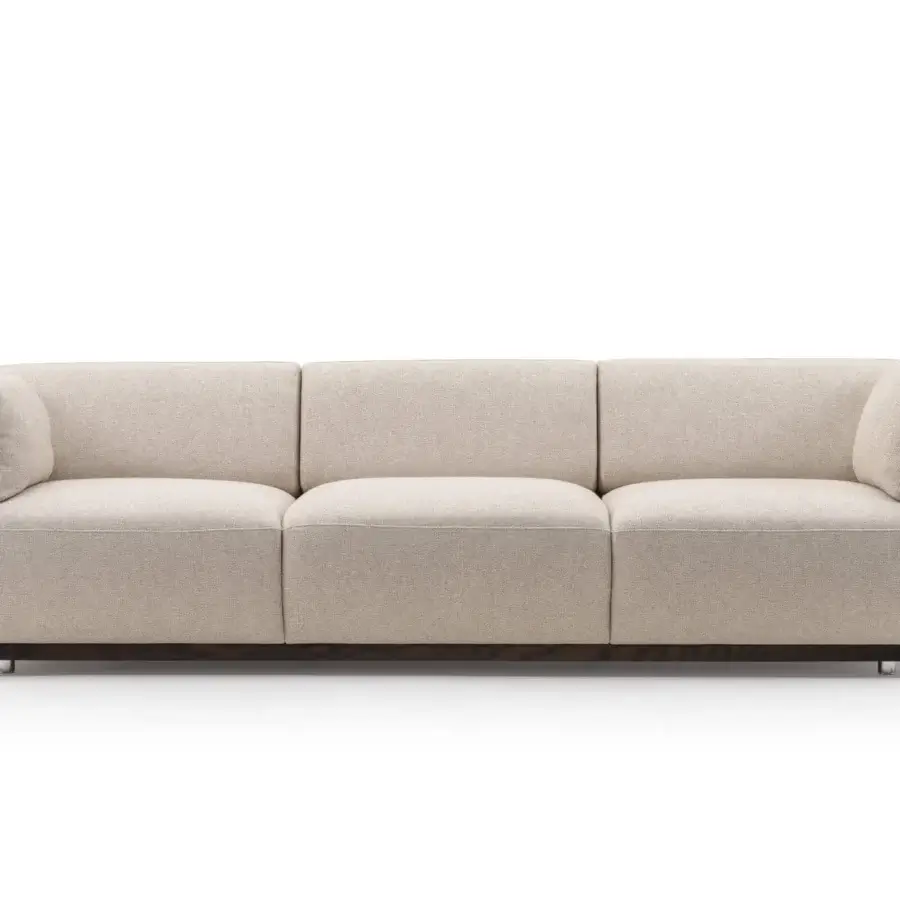 Exceptional Turri Net sofa with contemporary eucalyptus wood, woven leather detailing and light beige textile upholstery with matte finish