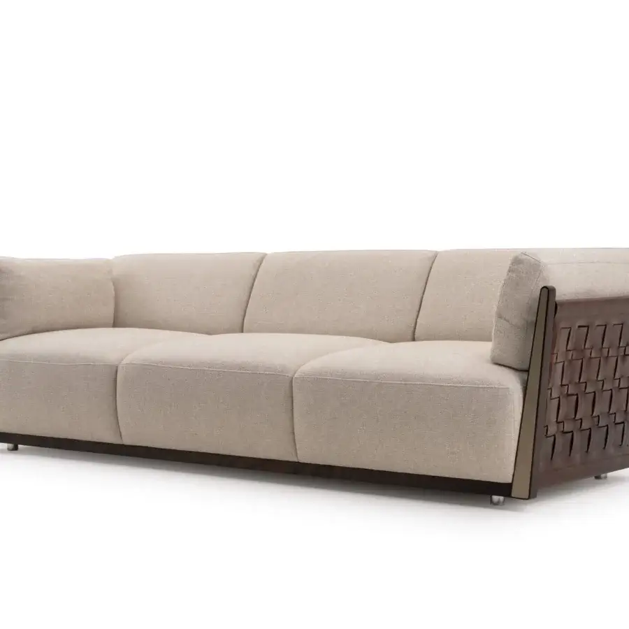 Superior Turri Net sofa with light beige textile upholstery, Eucalyptus wood and woven leather detailing