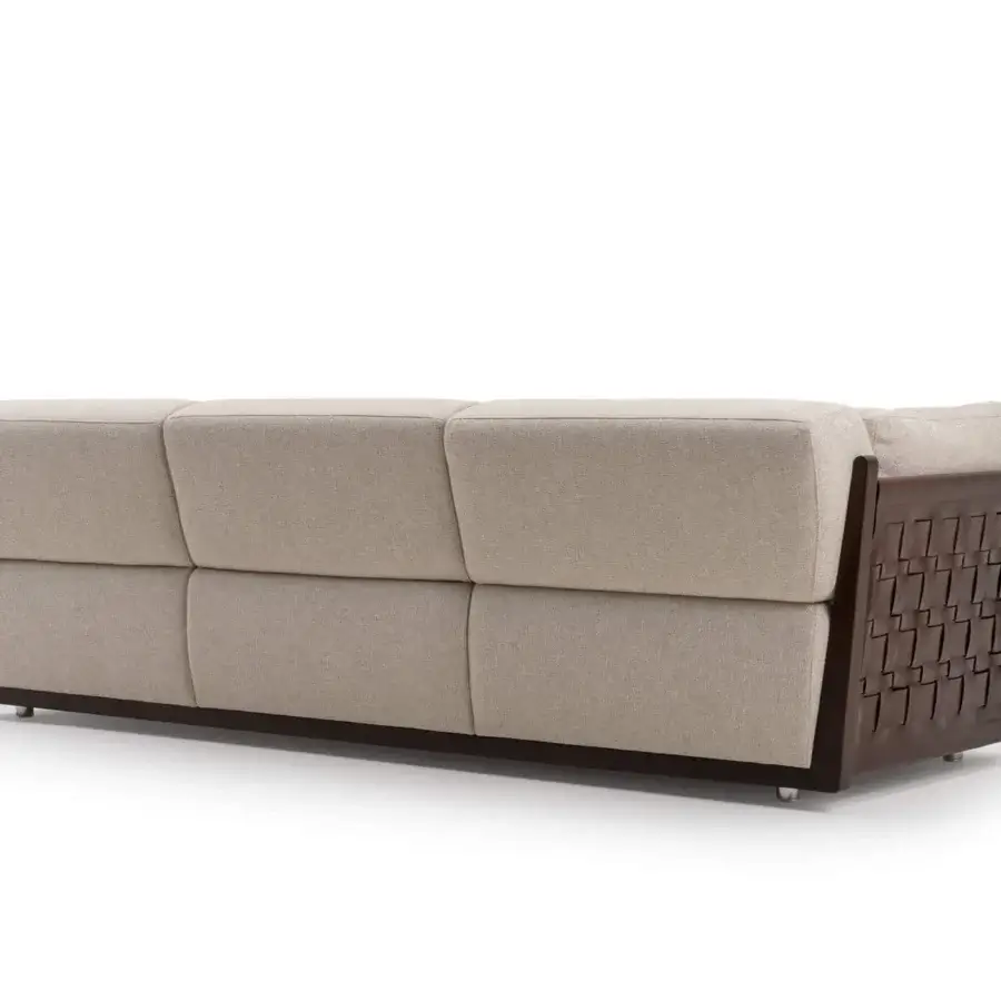 Distinguished Turri Net sofa with woven leather detailing, matte beige textile upholstery and dark brown Eucalyptus wood frame