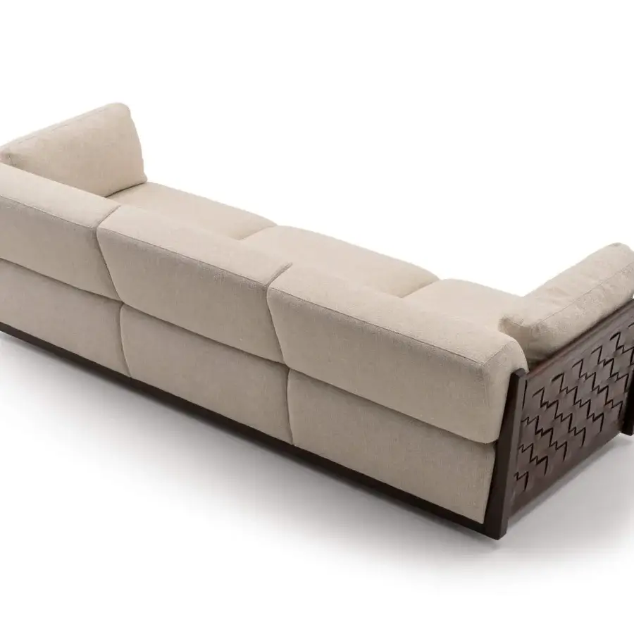 Exceptional Turri Net sofa with light beige textile upholstery, woven leather detailing and dark brown Eucalyptus wood base