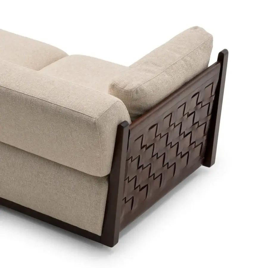 Distinguished Turri Net sofa with light beige textile upholstery, woven leather detailing and smooth dark-toned Eucalyptus wood construction