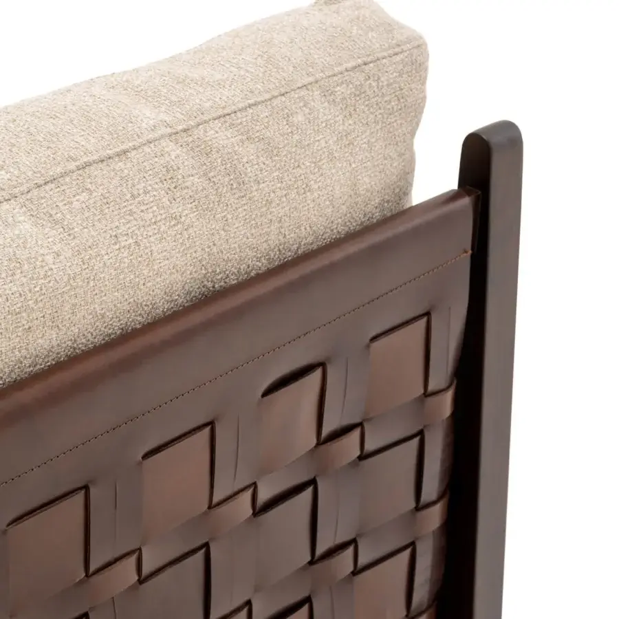 Harmonious Turri Net sofa with dark brown woven leather back and light beige textile cushion in Eucalyptus wood
