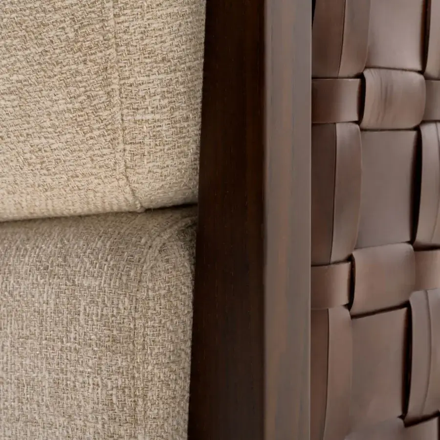 Distinguished Turri Net sofa with woven leather detailing and light beige woven textile upholstery in a dark stained wood finish