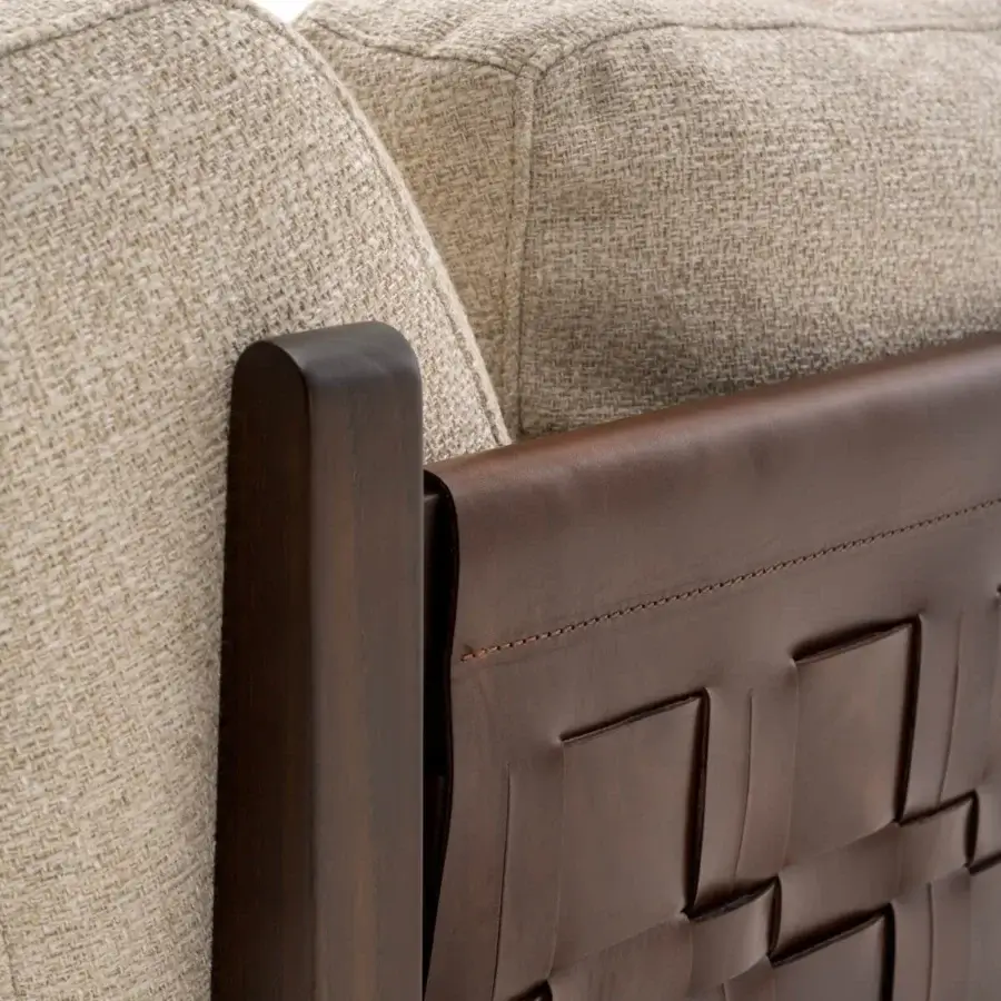 Exceptional Turri Net sofa with beige textile upholstery and a woven brown leather back in a dark Eucalyptus wood frame
