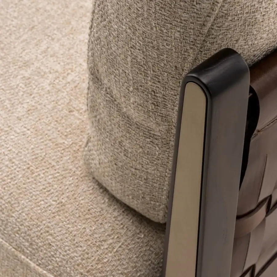 Lavish Turri Net sofa with contemporary Eucalyptus wood and woven leather detailing in light beige textile