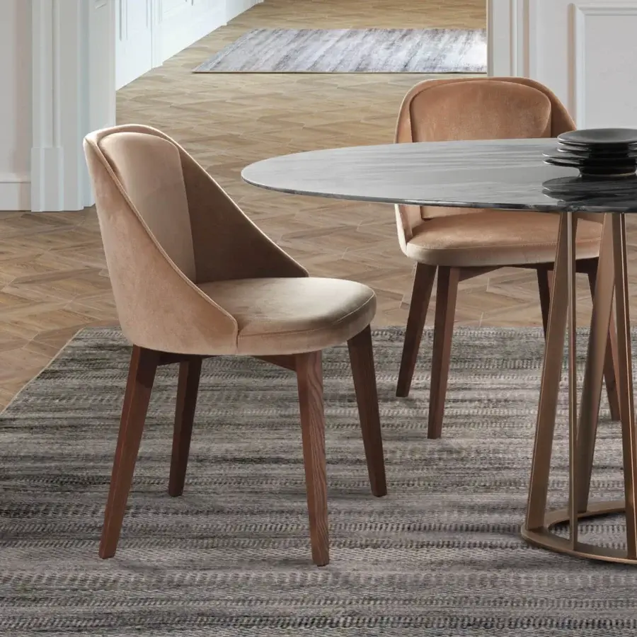 Distinguished Pacini & Cappellini Amy chair with light brown upholstery and solid ash wood legs in a medium brown tone with smooth finish