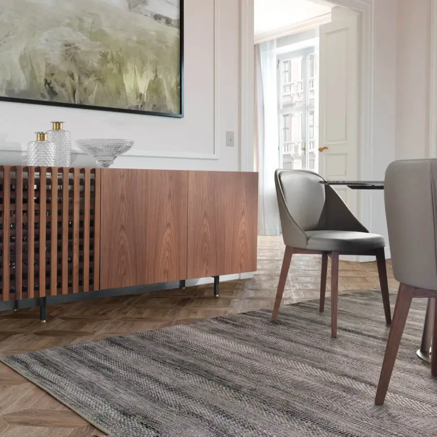 Distinguished Pacini & Cappellini Amy chair in muted gray fabric with slender solid ash wood legs and satin finish