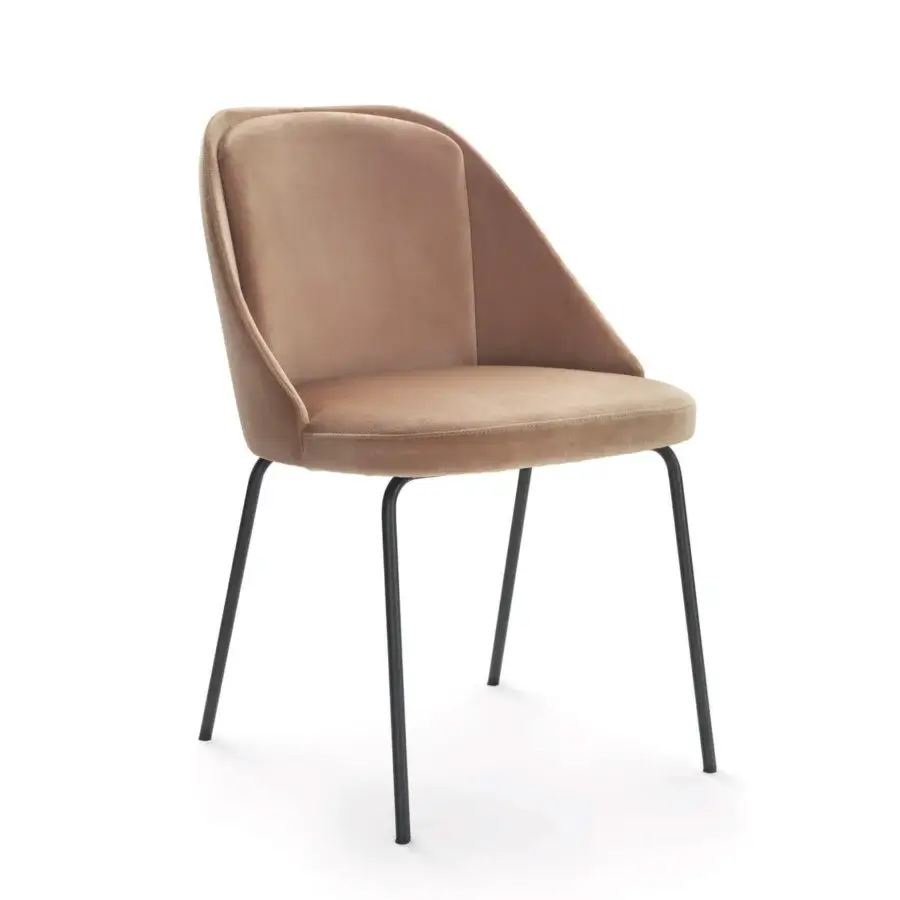 Distinguished Pacini & Cappellini Amy chair upholstered in tan textile with slender black painted metal legs