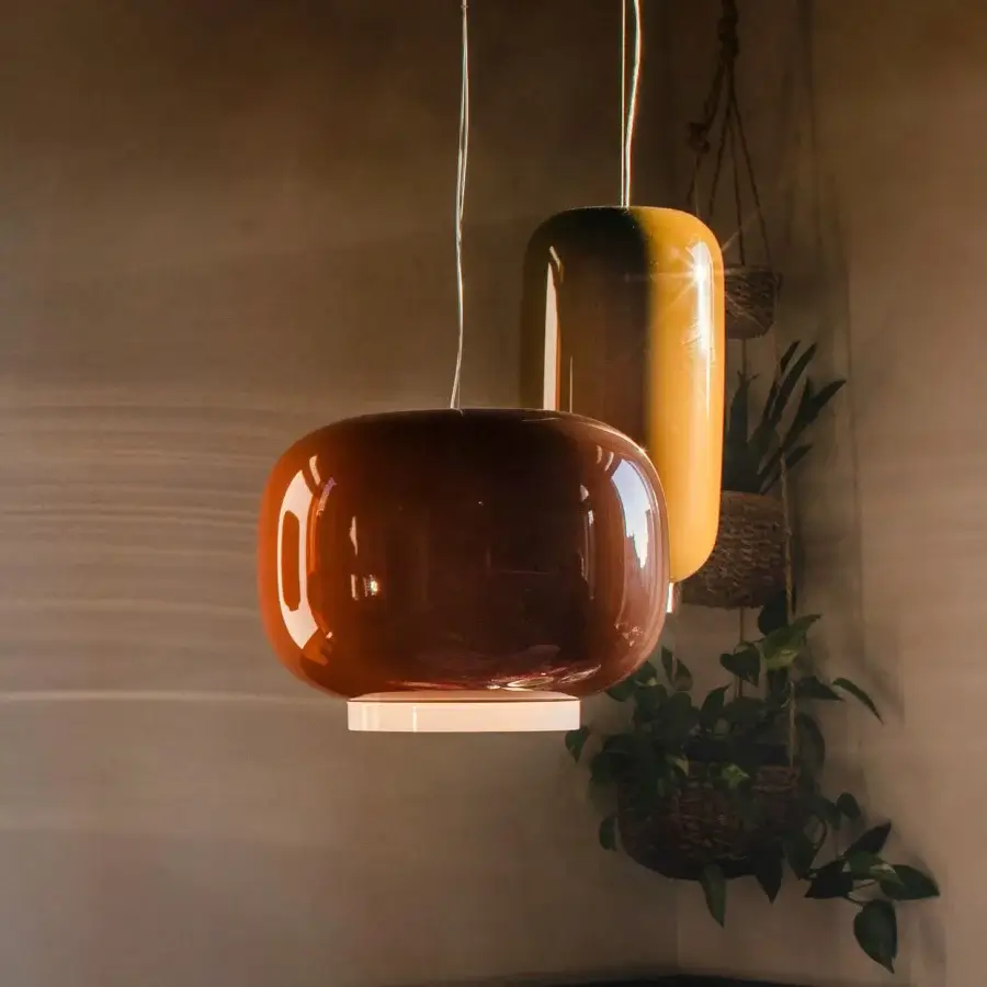 Distinguished Foscarini Chouchin suspension lamp with rounded form crafted in hand-blown cased glass and glossy liquid coating