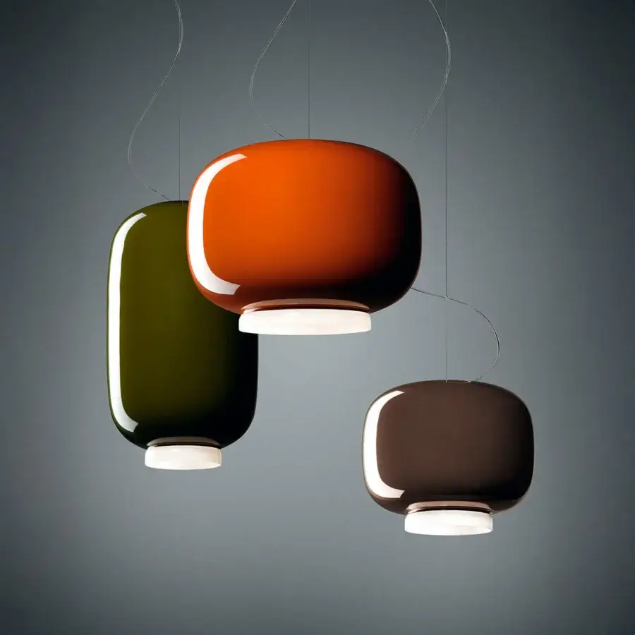Superior Foscarini Chouchin suspension lamp with rounded form crafted in hand-blown cased glass and glossy orange finish