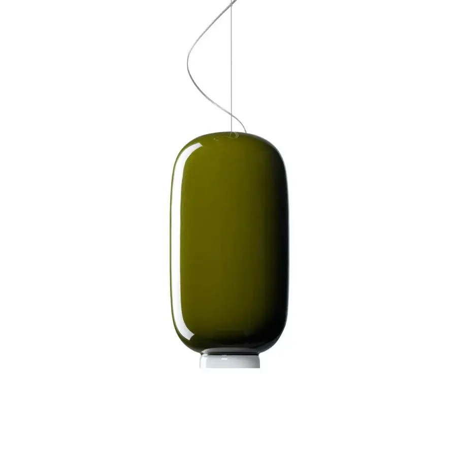 Superior Foscarini Chouchin suspension lamp with hand-blown cased glass diffuser in olive green and glossy finish