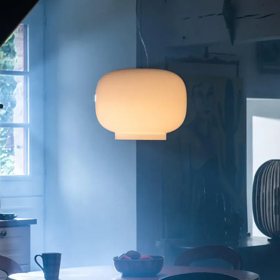 Distinguished Foscarini Chouchin suspension lamp with hand-blown cased glass diffuser and glossy finish
