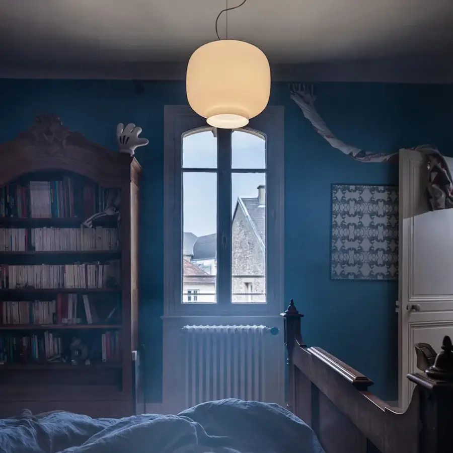 Distinguished Foscarini Chouchin suspension lamp with rounded hand-blown cased glass diffuser and glossy white finish