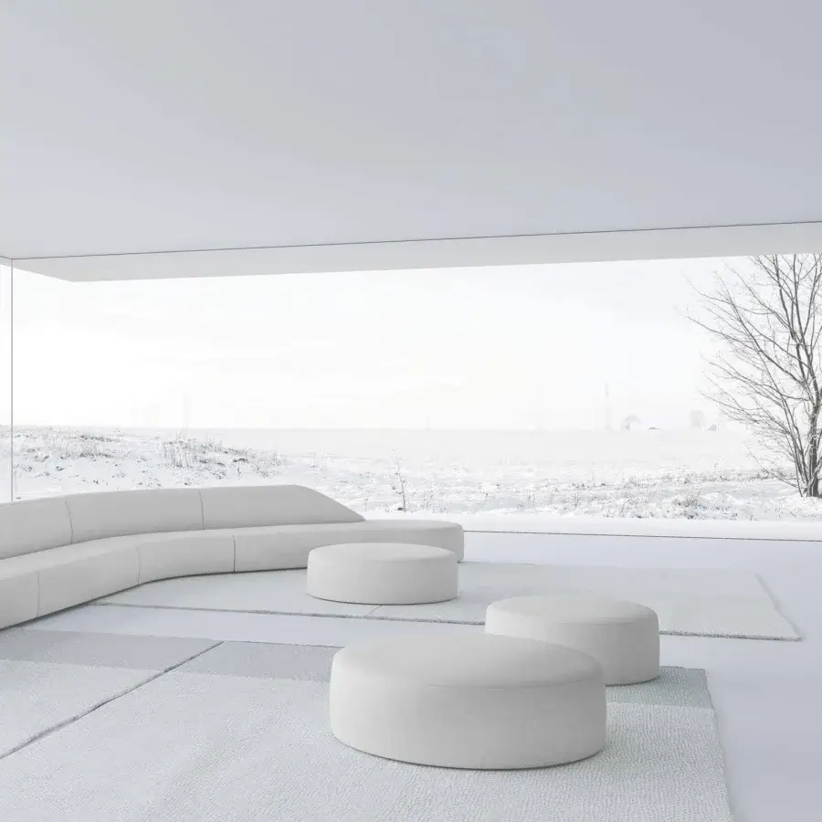 Distinguished LaCividina Guest ottoman with essential lines upholstered in light gray textile with matte finish