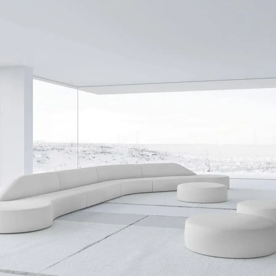 Superior LaCividina Guest ottoman with soft shapes upholstered in matte off-white textile showcasing essential lines