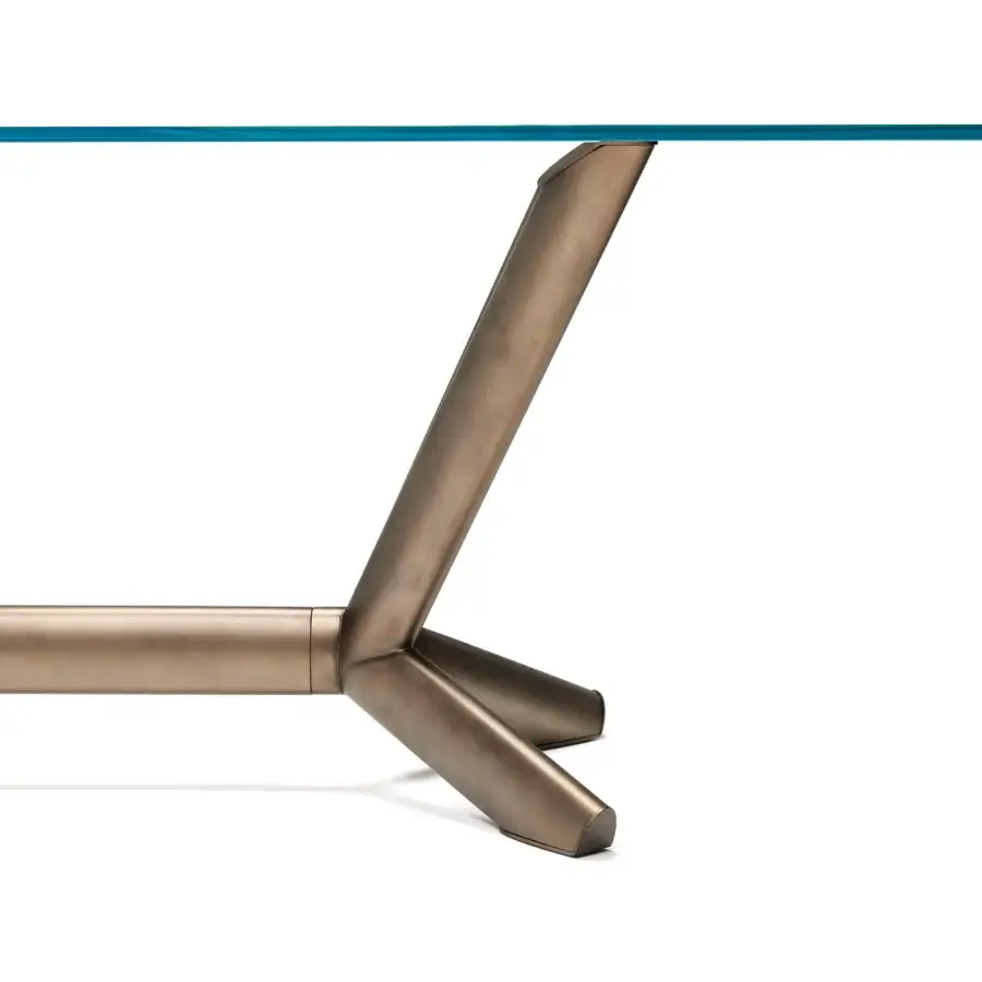 Distinctive Cattelan Italia Planer table with teal glass and bronze-toned painted steel base crafted in a unique three-legged design