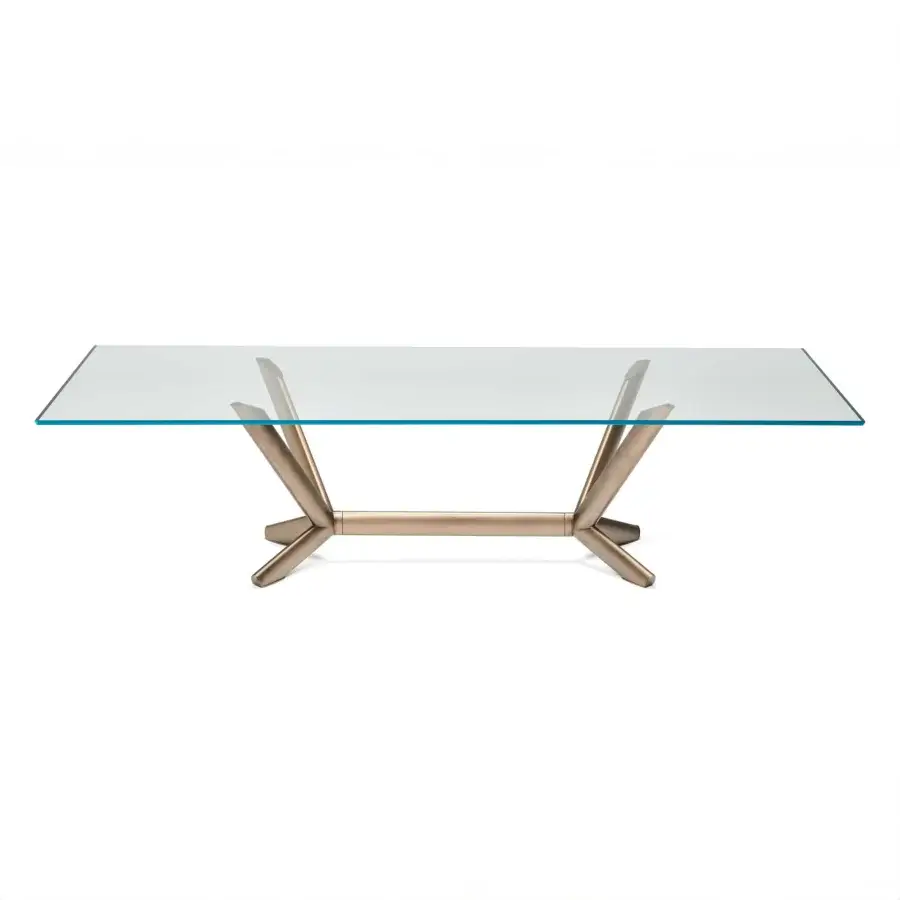 Distinguished Cattelan Italia Planer table with a sleek glass top and painted steel base featuring geometric bronze supports