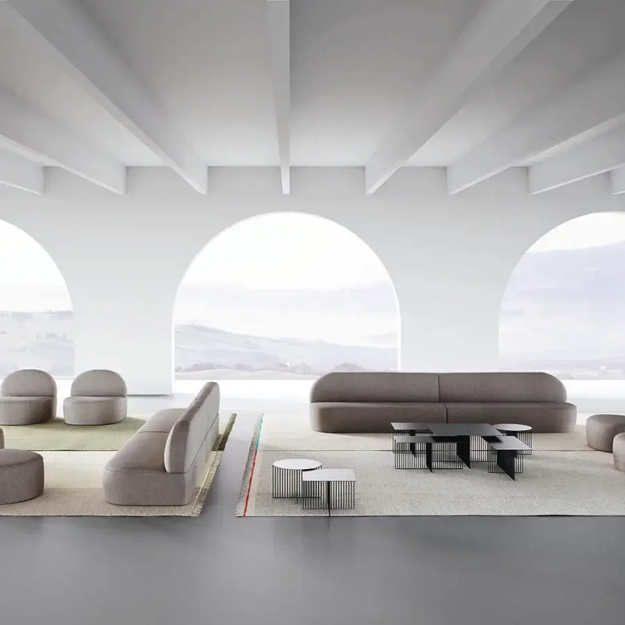 Elegant LaCividina Guest sofa with twenty-two modular elements upholstered in matte muted gray-brown textile material