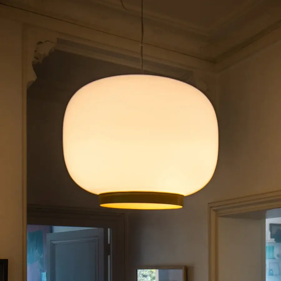 Distinguished Foscarini Chouchin Reverse suspension lamp with hand-blown cased glass and glossy liquid coating in soft white