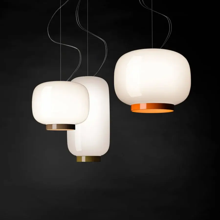 Distinguished Foscarini Chouchin Reverse suspension lamp with hand-blown cased glass and glossy vibrant orange base
