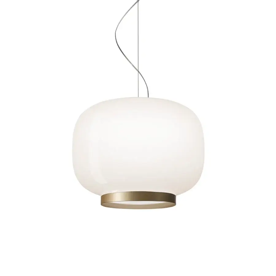 Distinguished Foscarini Chouchin Reverse suspension lamp in glossy white cased glass with a gold-toned metallic base crafted with stainless steel cable