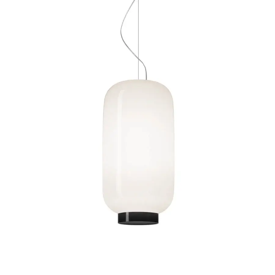 Superior Foscarini Chouchin Reverse suspension lamp with cylindrical diffuser in milky white cased glass and stainless steel cable