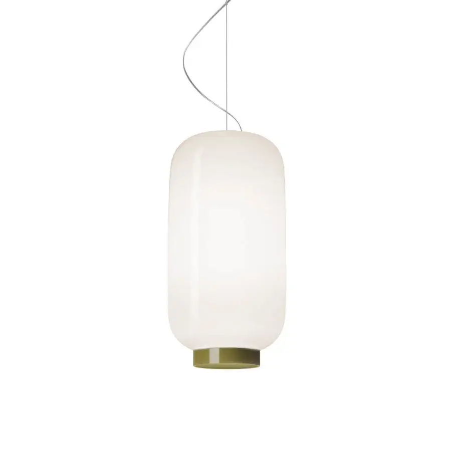 Distinguished Foscarini Chouchin Reverse suspension lamp with hand-blown cased glass diffuser in white and olive-green with glossy finish