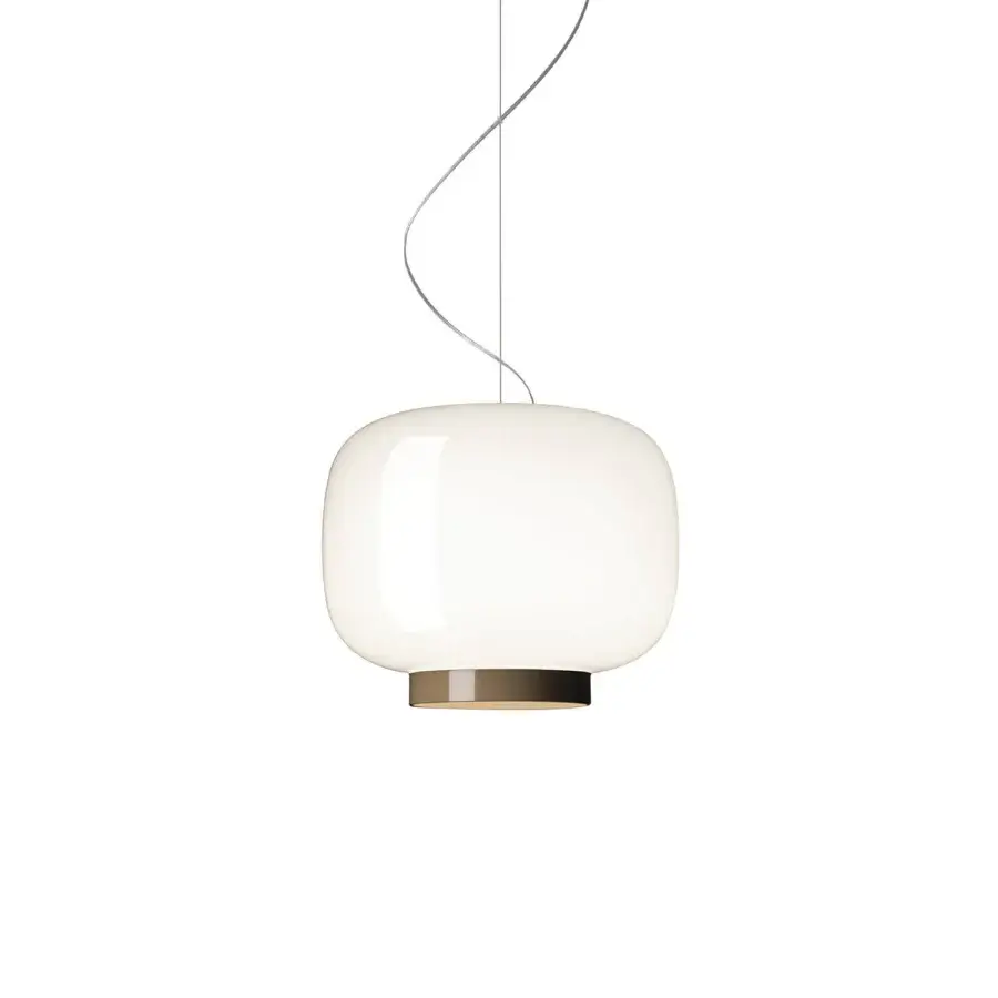 Elegant Foscarini Chouchin Reverse suspension lamp with hand-blown cased glass diffuser in milky white and dark bronze finish
