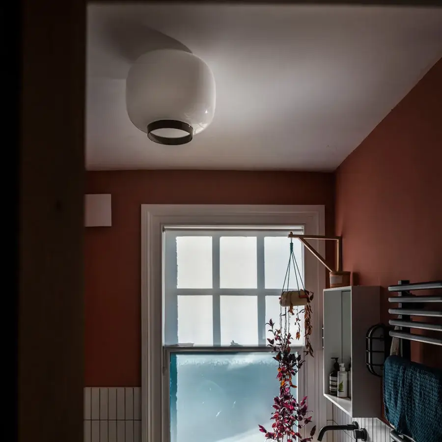 Elegant Foscarini Chouchin Reverse ceiling lamp with hand-blown cased glass and glossy translucent white body