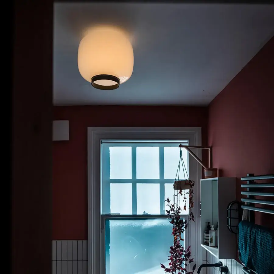 Exceptional Foscarini Chouchin Reverse ceiling lamp with hand-blown cased glass and glossy warm white finish