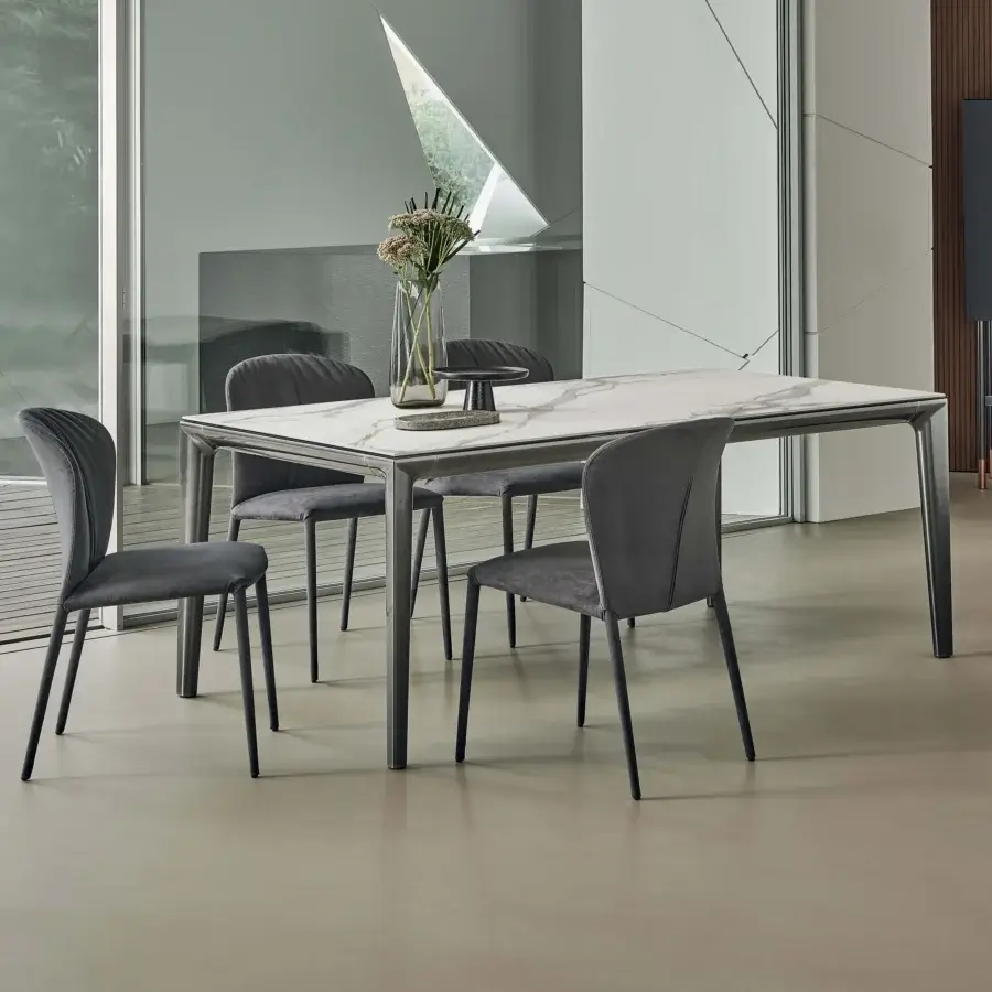 Sophisticated Bontempi Duke table with grey veined surface and sleek dark grey matte metal frame legs