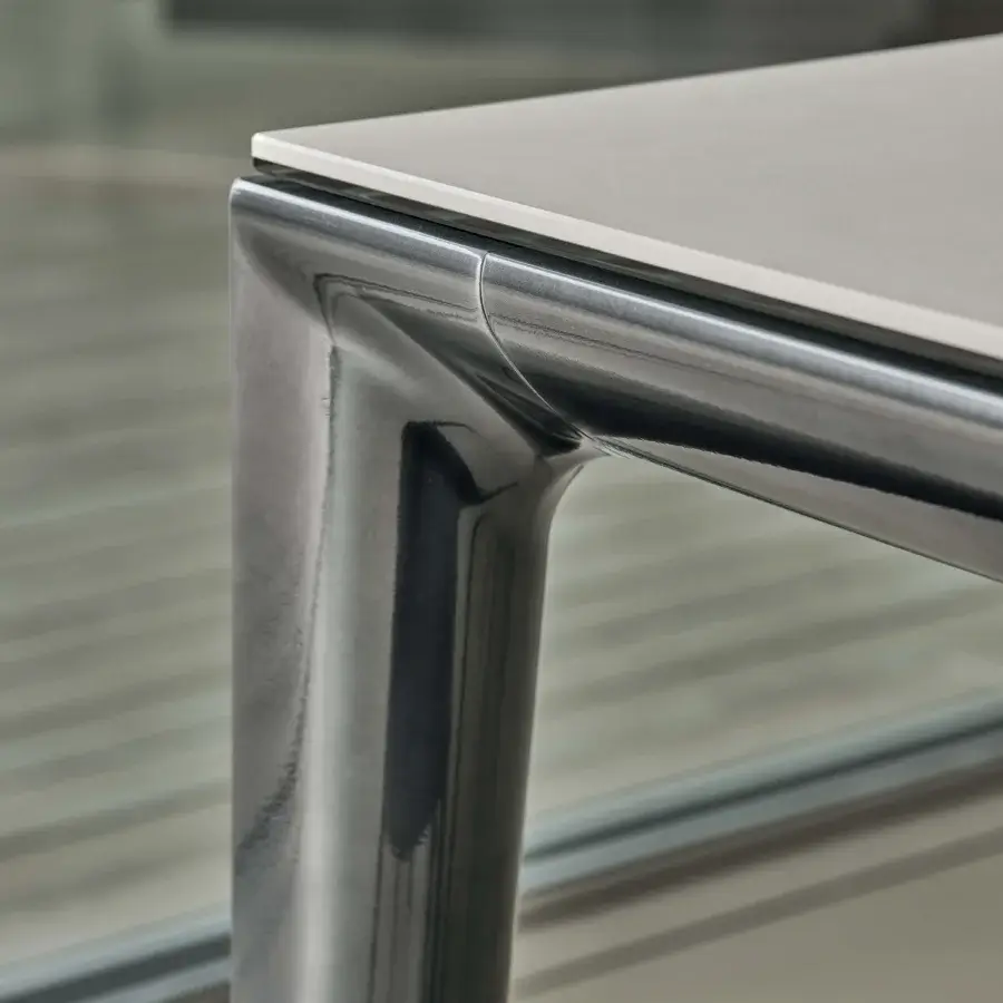 Superior Bontempi Duke table with light gray or off-white tabletop and dark metallic gray leg in glossy finish