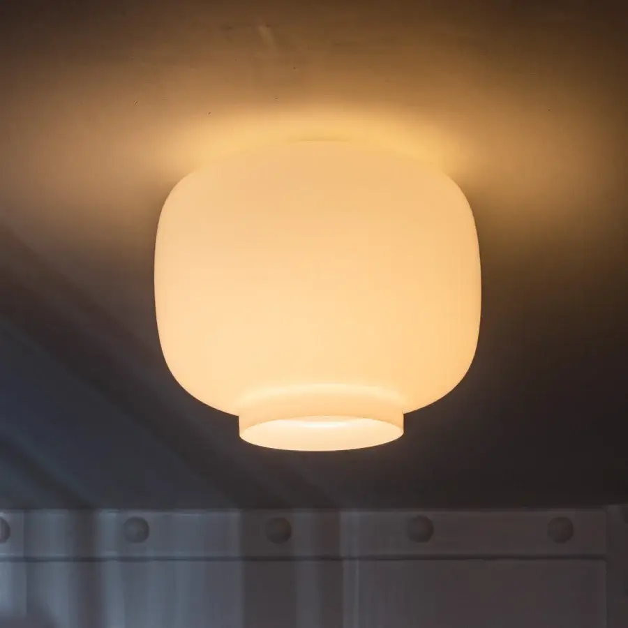 Exceptional Foscarini Chouchin ceiling lamp with hand-blown cased glass diffuser and glossy off-white finish