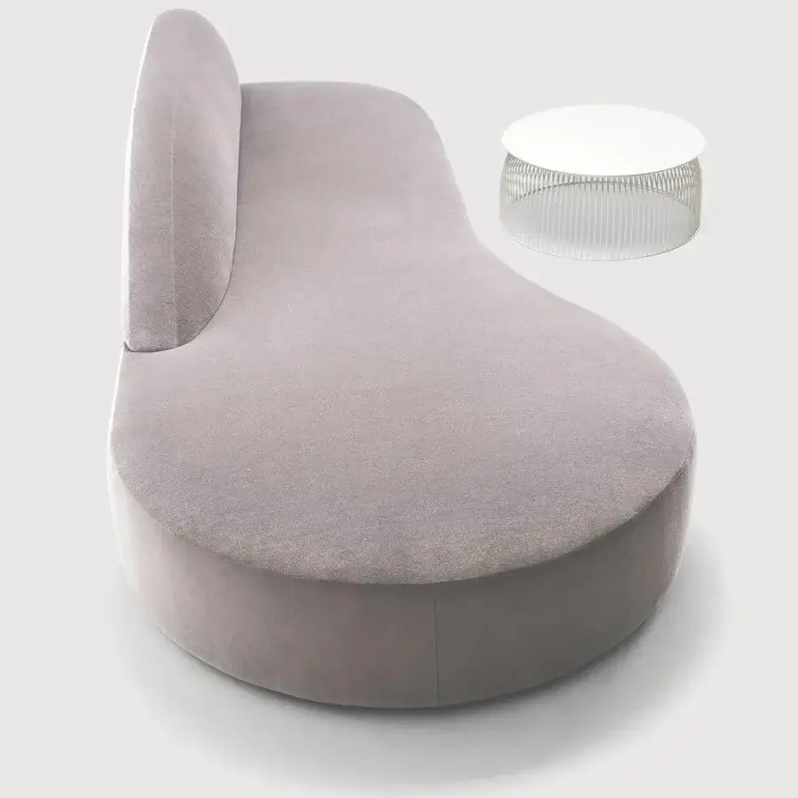 Elegant LaCividina Guest sofa with organically curved form upholstered in muted lavender-gray textile with a matte finish