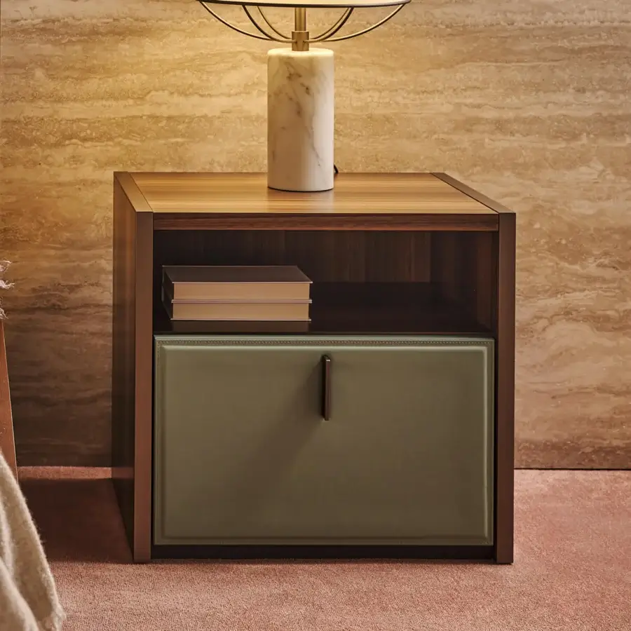 Elegant Turri Vendome nightstand in heat-treated Eucalyptus with dark brown finish and olive green leather drawer