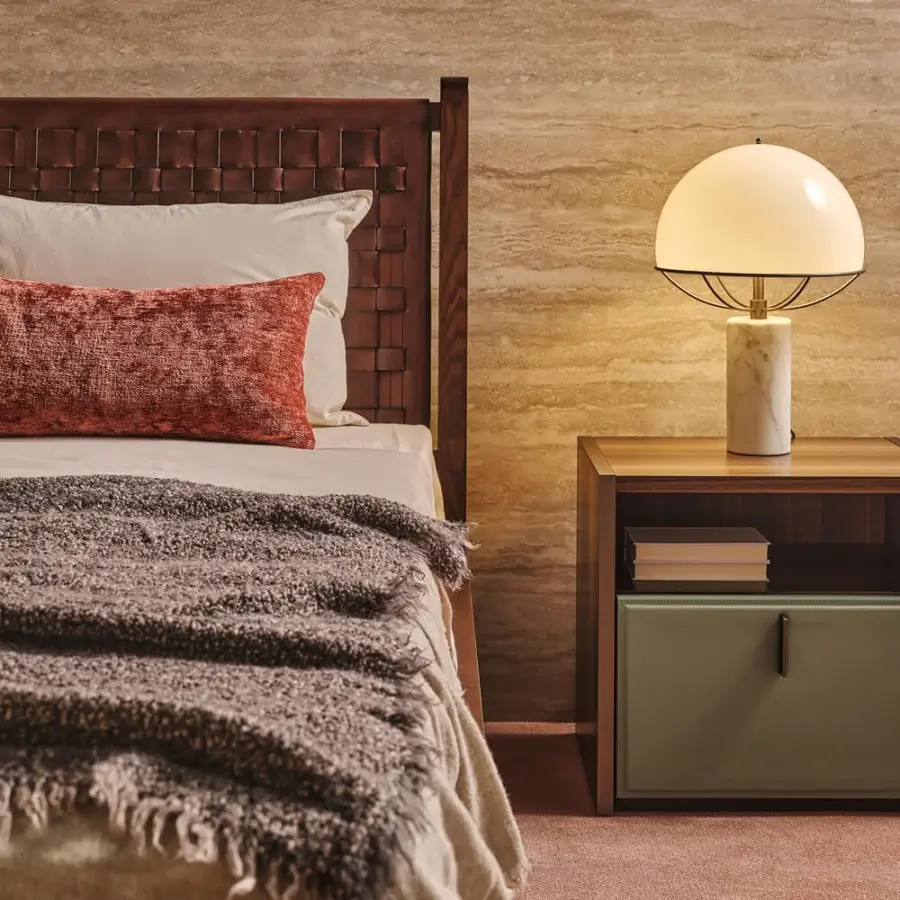 Superior Turri Vendome nightstand in heat-treated Eucalyptus wood with light green leather drawer and dark metal handle