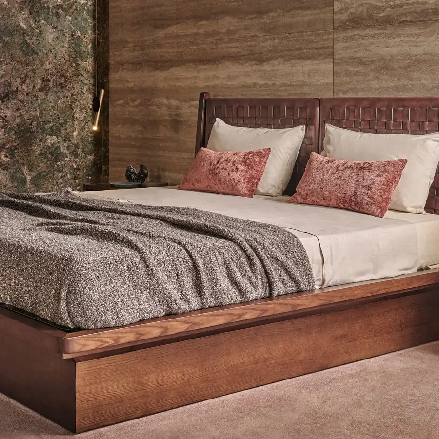 Elegant Turri Vendome nightstand crafted with heat-treated Eucalyptus wood and muted green leather with a dark metal handle