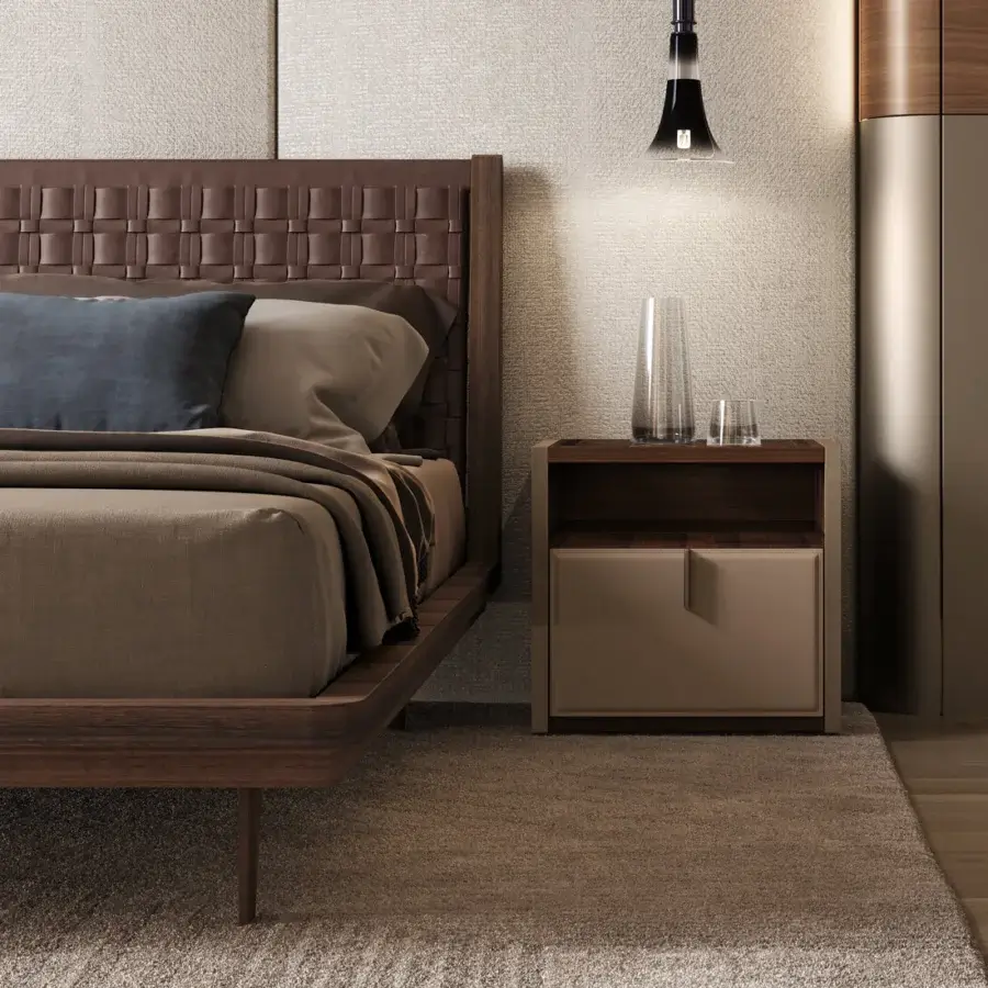 Elegant Turri Vendome nightstand with heat-treated Eucalyptus structure and leather-covered drawer in a light beige hue