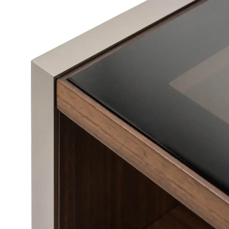 Superior Turri Vendome nightstand with heat-treated Eucalyptus wood and dark glass top crafted in Italy