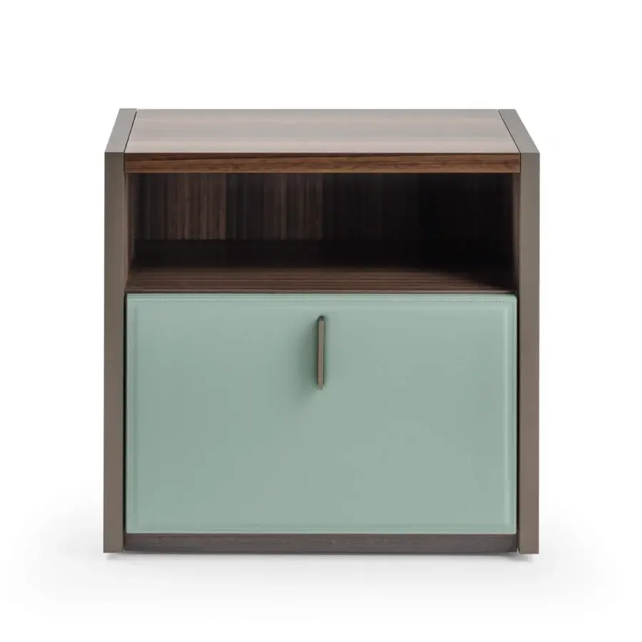 Elegant Turri Vendome nightstand with heat-treated Eucalyptus wood and light green leather-covered drawer