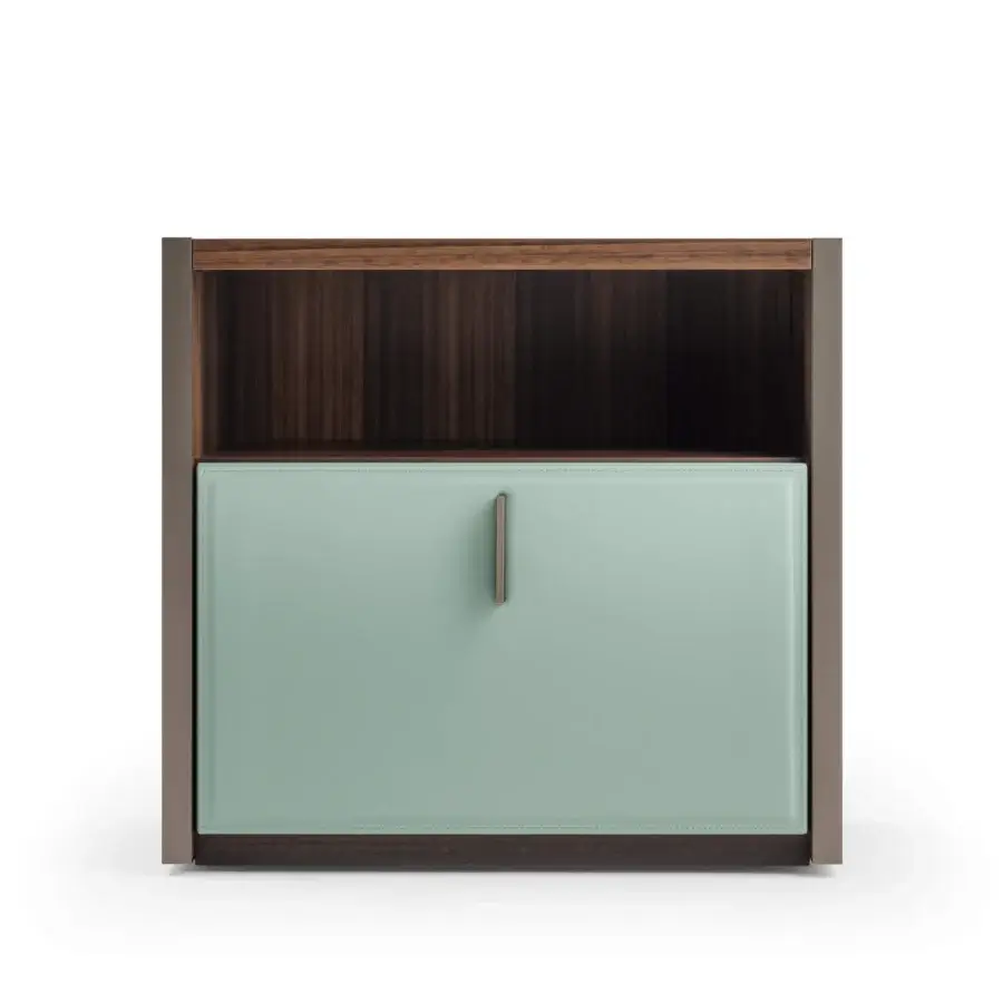 Superior Turri Vendome nightstand with heat-treated Eucalyptus wood and light green leather-covered drawer complemented by neutral metal accents