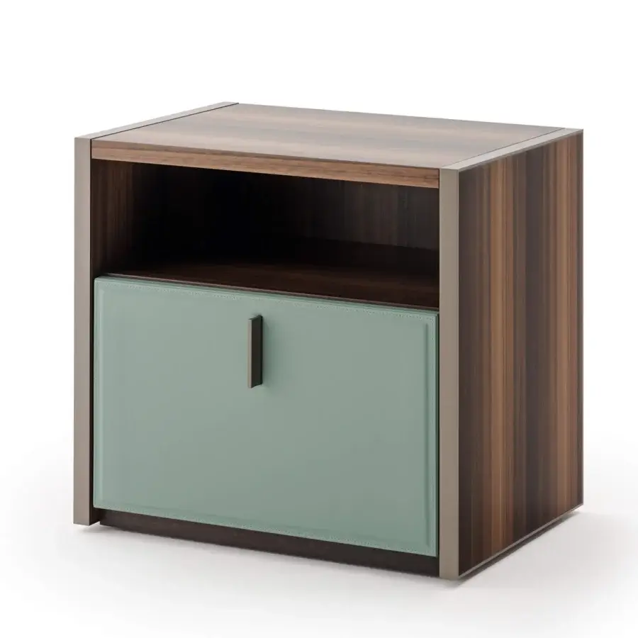 Elegant Turri Vendome nightstand with heat-treated Eucalyptus wood and light-green leather-covered drawer complemented by a dark wood-like shelf