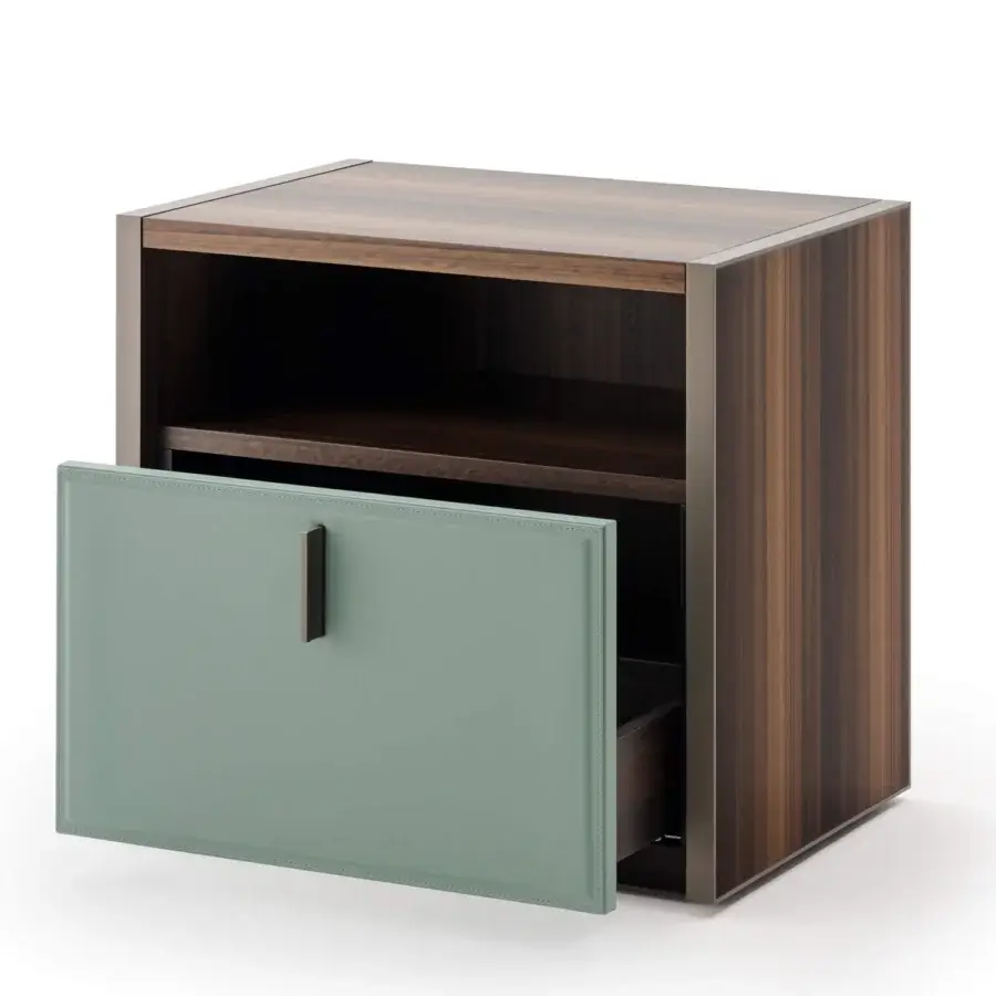 Superior Turri Vendome nightstand in heat-treated Eucalyptus wood with sage green leather drawer and metal handle