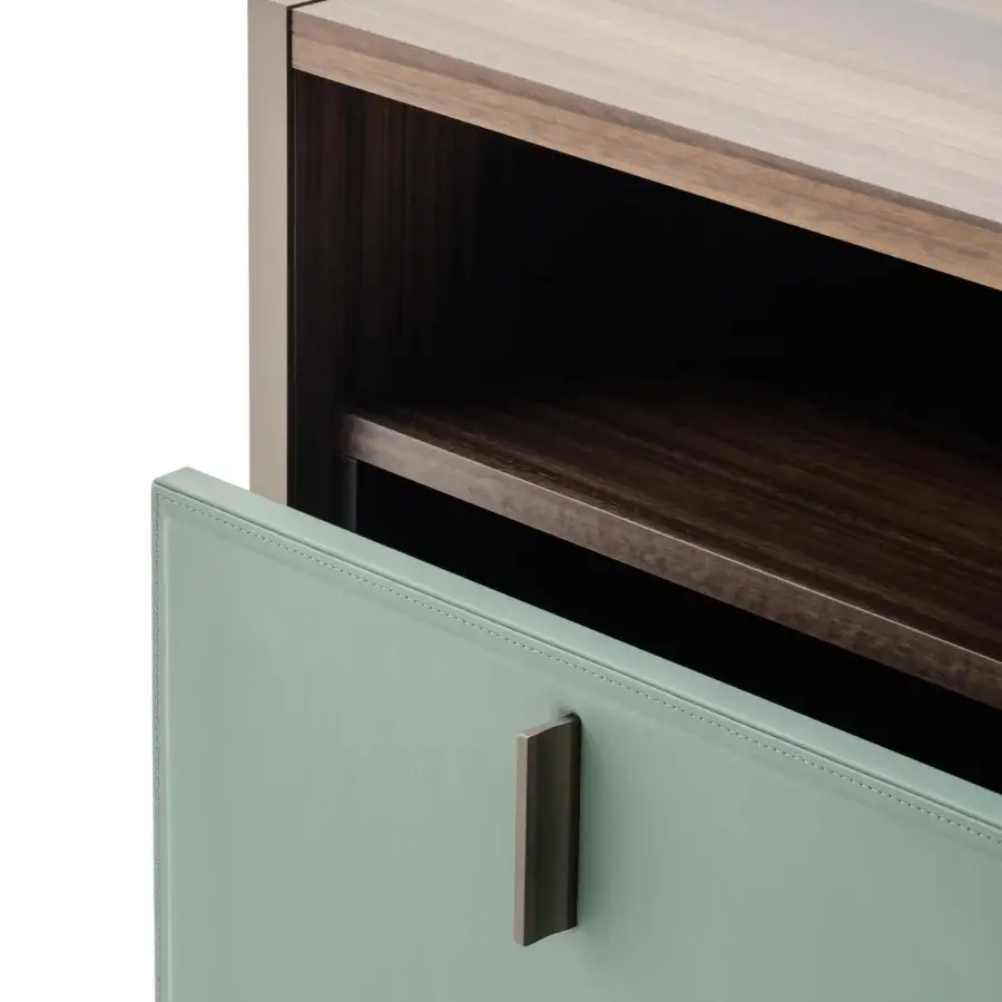 Elegant Turri Vendome nightstand with light green leather drawer and heat-treated Eucalyptus wood structure