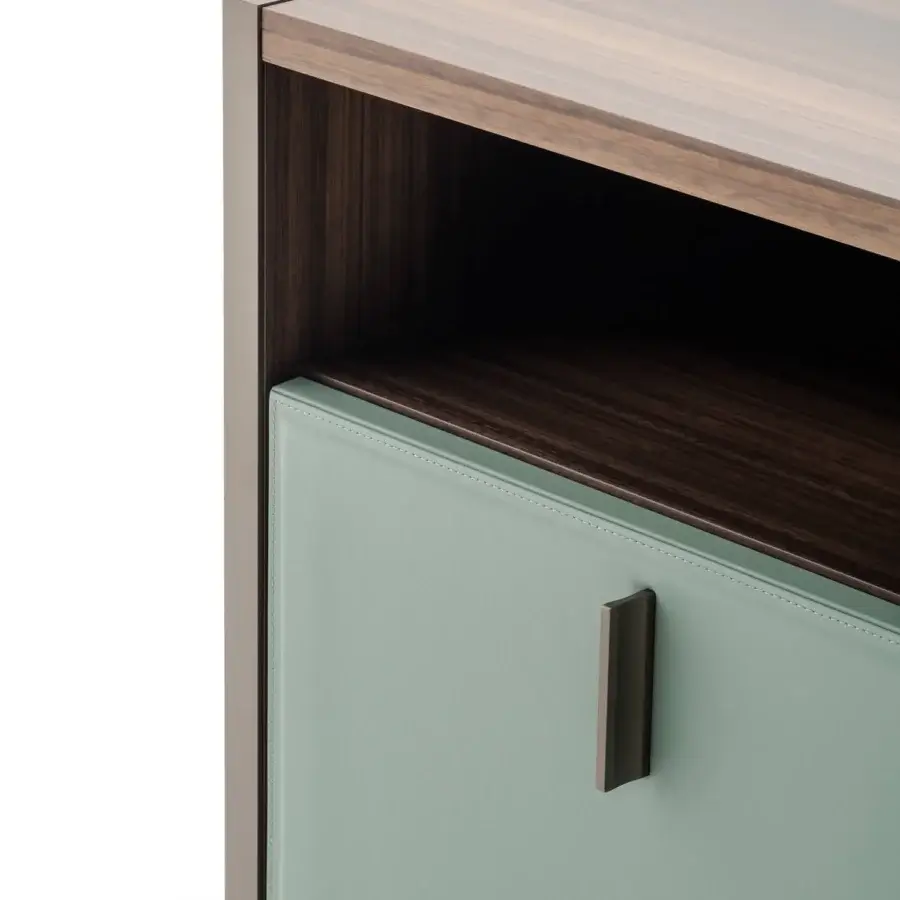 Superior Turri Vendome nightstand with heat-treated Eucalyptus structure and light green leather drawer accented by dark bronze metal hardware